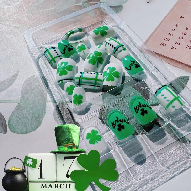 BSBTBZ 24Pcs St. Patrick's Day Press on Nails Medium Square - French Tip Fake Nails with Green Shamrock Irish Design Reusable Natural Stick on Nails Gift for Women DIY St. Patrick's Day Clover Manicure Set - Image 3